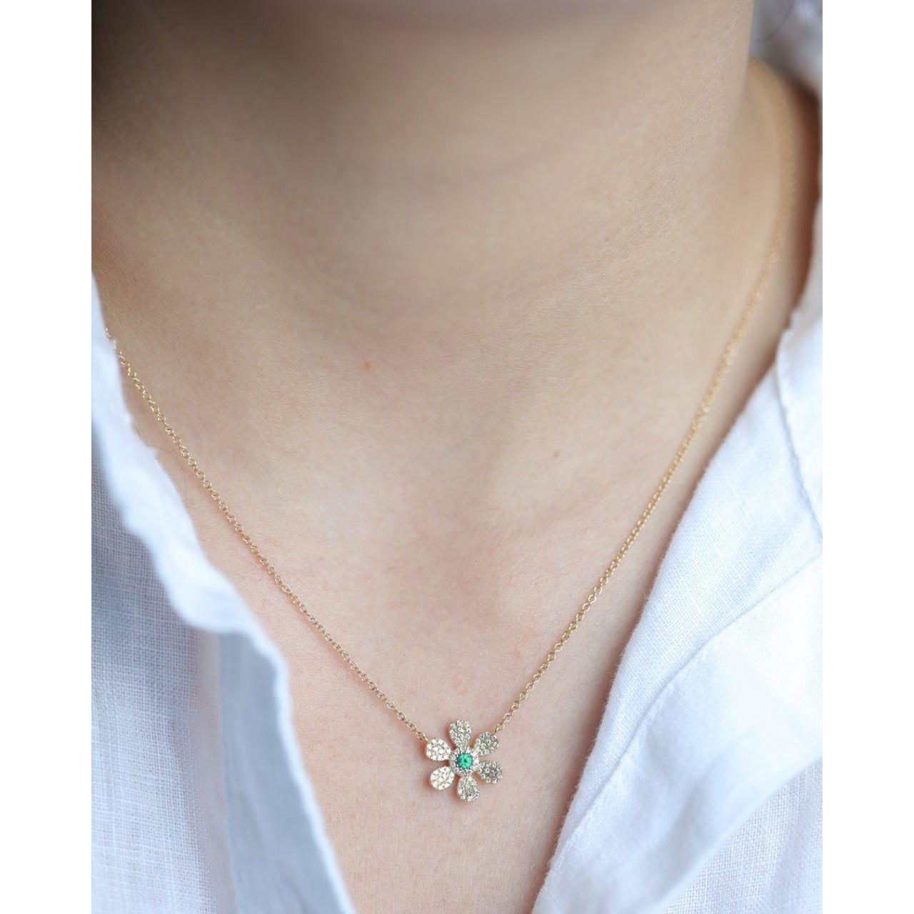 Emerald and Diamond PavÃ© Flower Pendant Necklace Necklaces Estellacollection #product_description# 14k Birthstone Diamond #tag4# #tag5# #tag6# #tag7# #tag8# #tag9# #tag10#