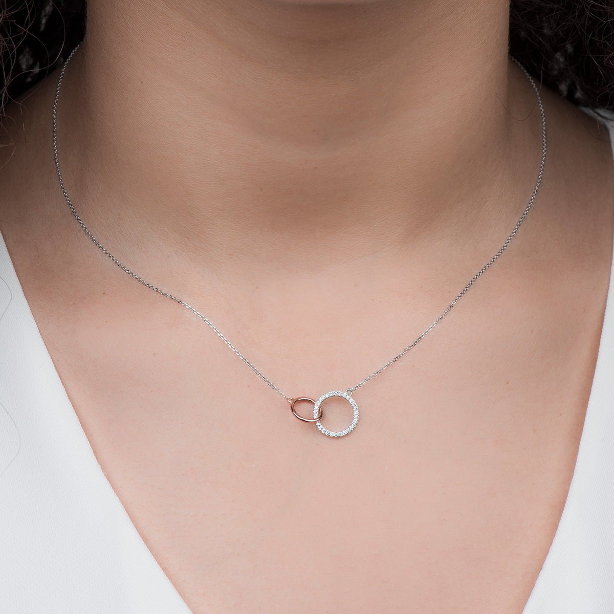 Interlocking Circles Diamond Necklace in Solid 14k Two-Tone White and Rose Gold Necklaces Estellacollection #product_description# 14k Diamond Gemstone #tag4# #tag5# #tag6# #tag7# #tag8# #tag9# #tag10#