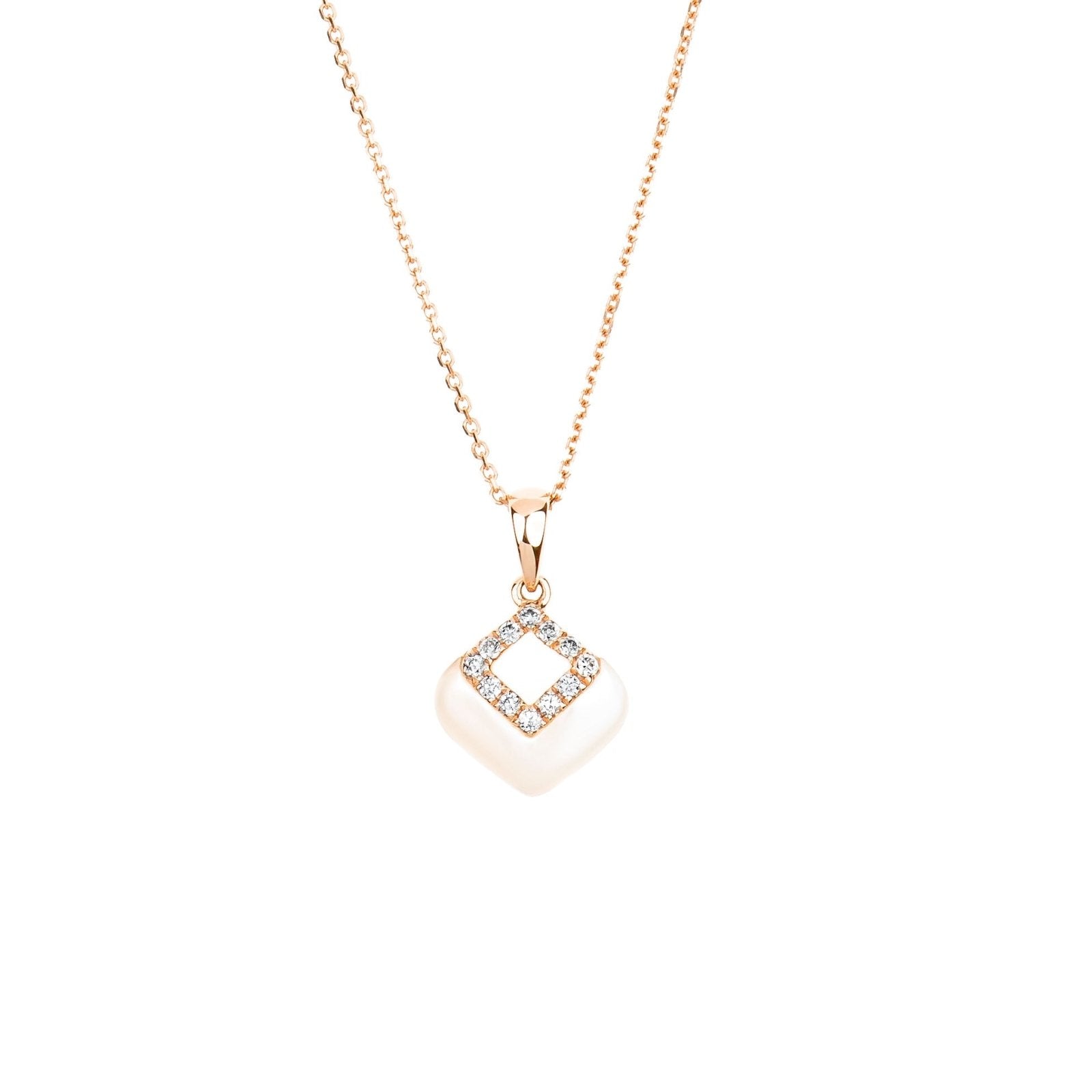 Mother of Pearl and Diamond Cutout Pendant Necklace in Solid 14k Rose Gold