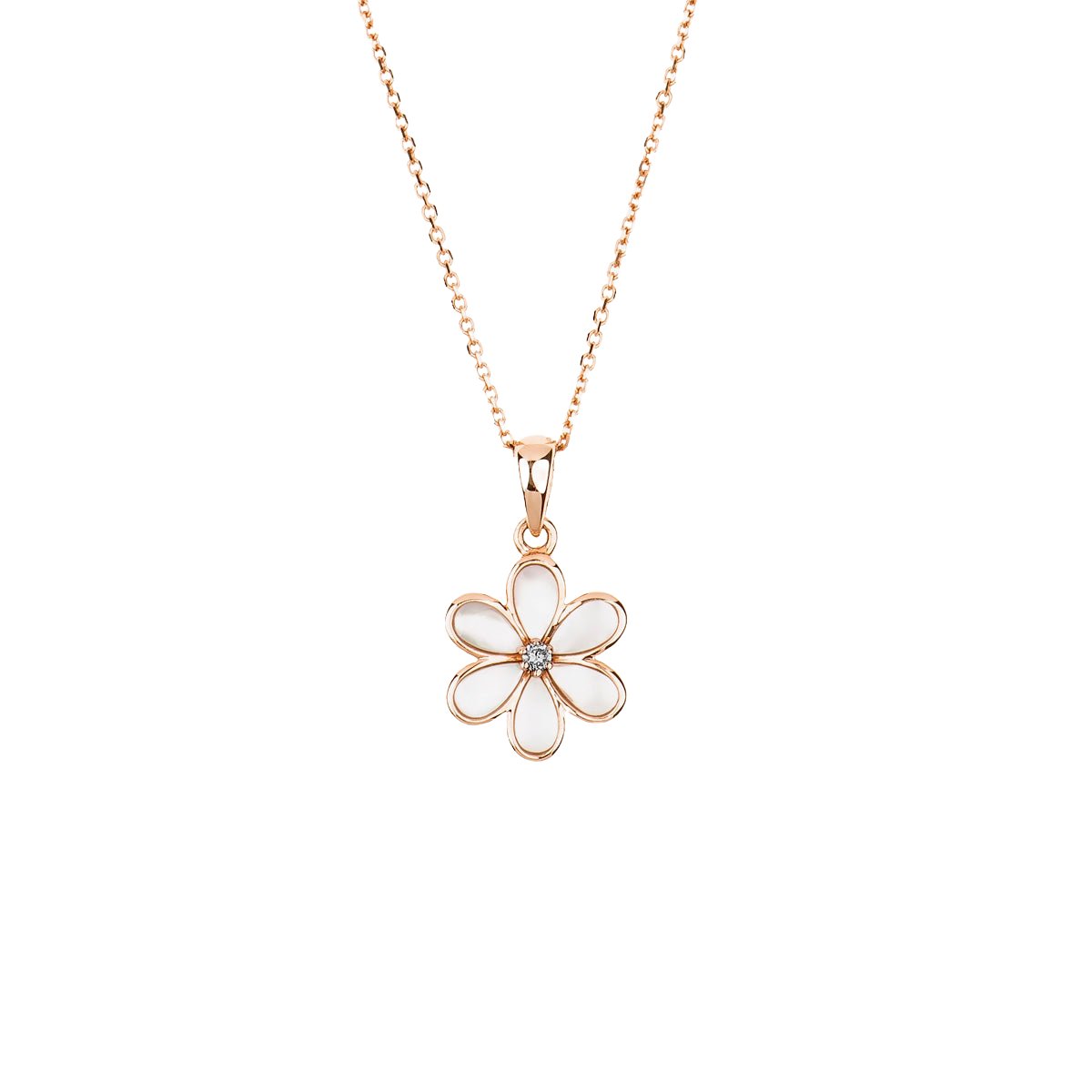 Mother of Pearl Flower with Diamond Center Pendant Necklace in Solid 14k Rose Gold
