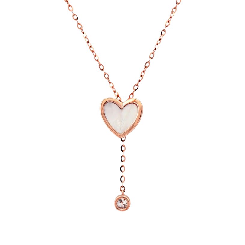 Mother of Pearl Heart And Diamond Drop Lariat Necklace in Solid 14k Rose Gold