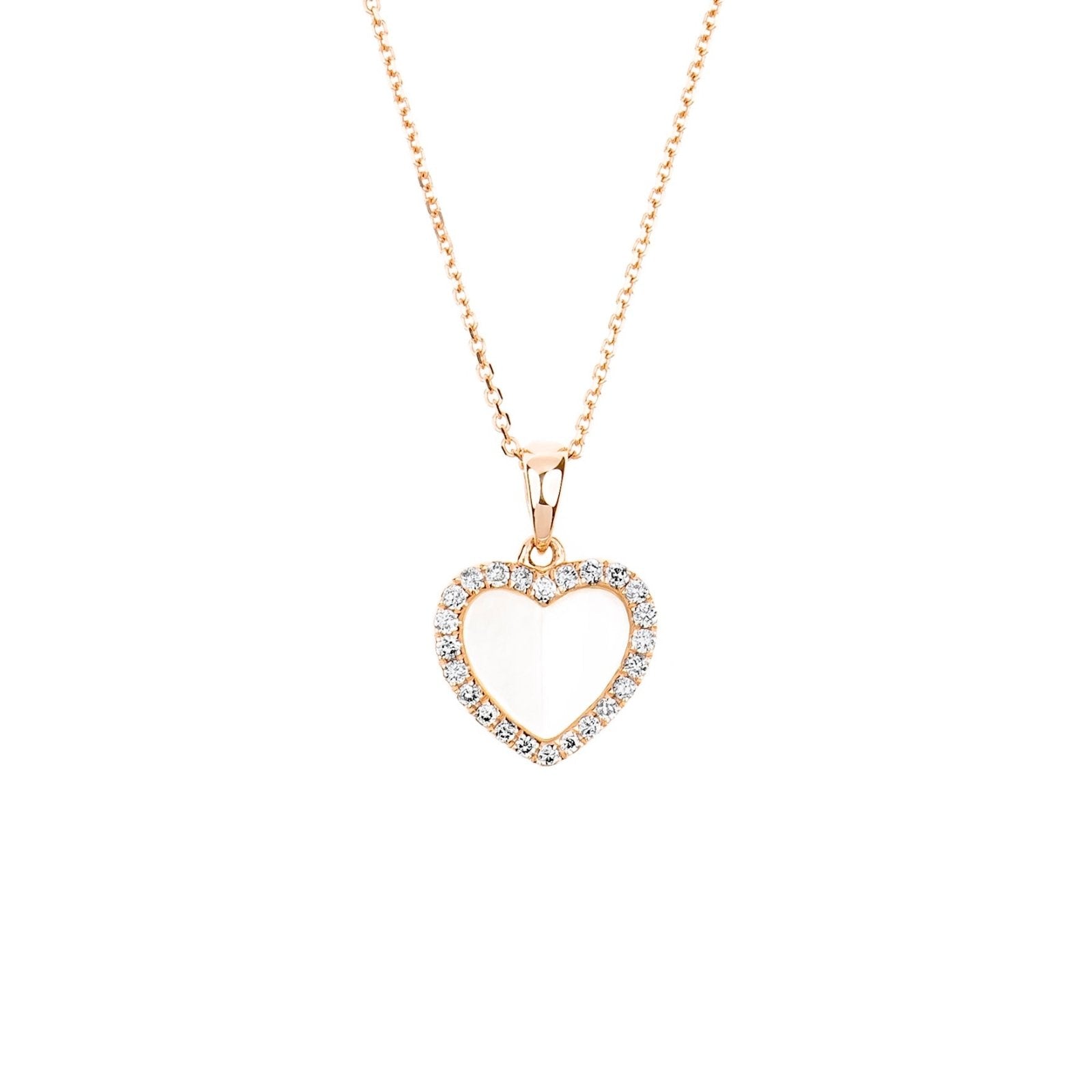 Mother of Pearl Heart with Diamond Halo Pendant Necklace in Solid 14k Rose Gold