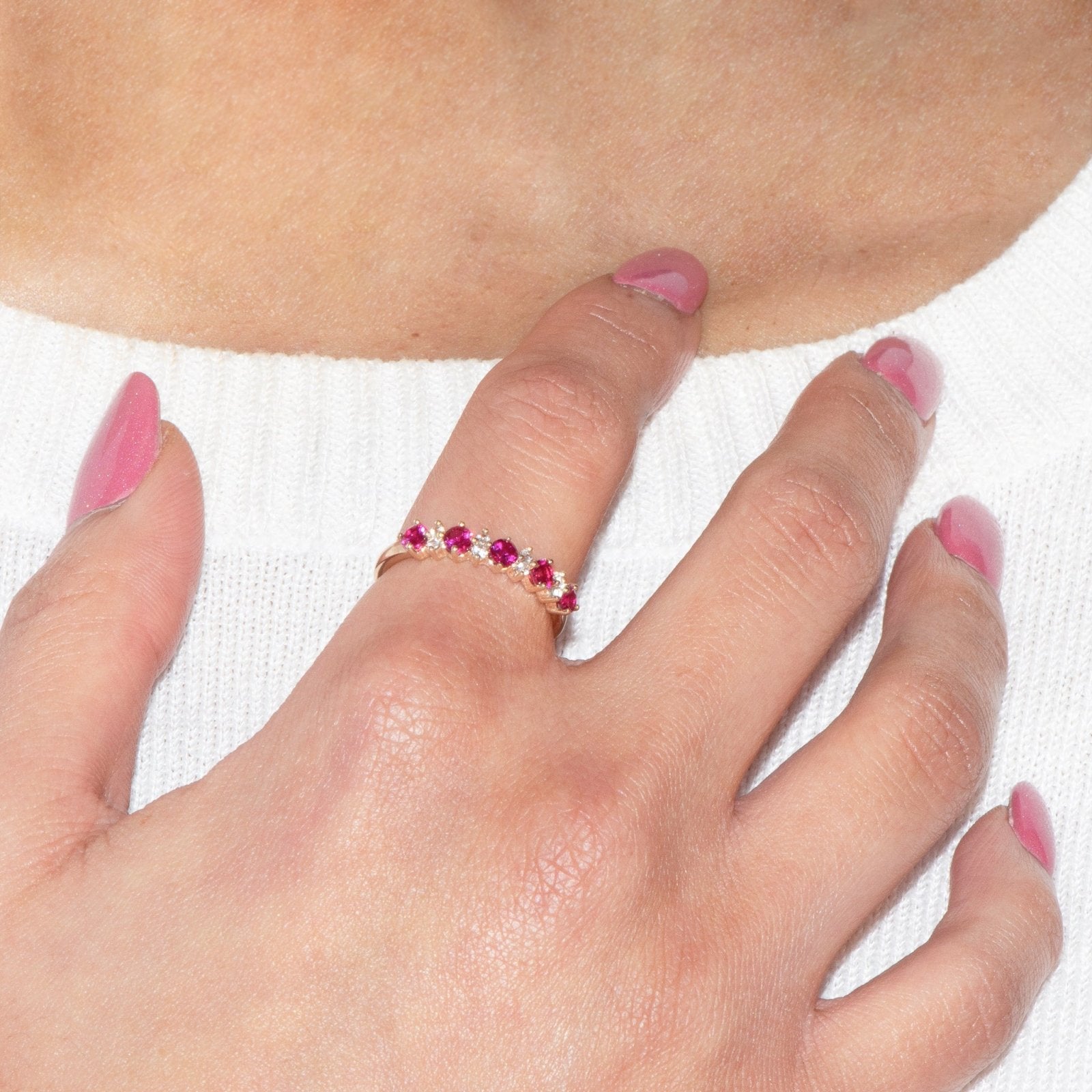 Ruby and White Sapphire Half Eternity Ring Rings Estellacollection #product_description# 32767 10k Birthstone Made to Order #tag4# #tag5# #tag6# #tag7# #tag8# #tag9# #tag10#