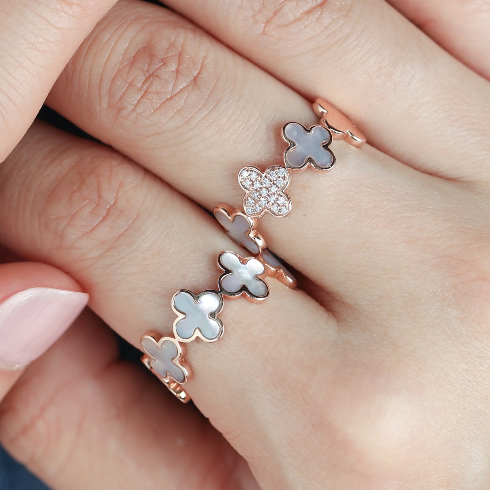 Alternating Diamond and Mother of Pearl Clover Eternity Ring Rings Estellacollection #product_description# 17208 Band Birthstone Colorless Gemstone #tag4# #tag5# #tag6# #tag7# #tag8# #tag9# #tag10# 7 14K Rose Gold