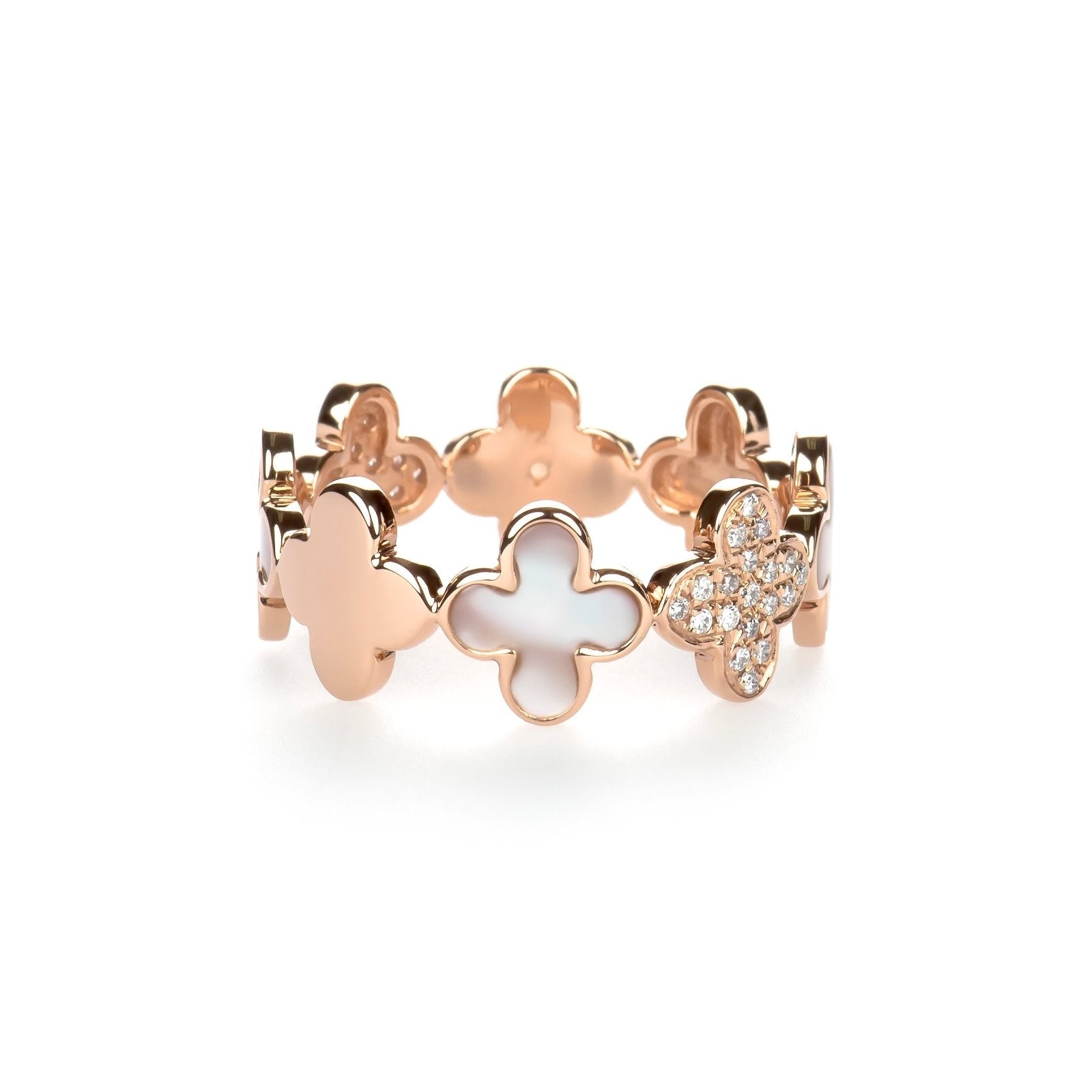 Alternating Diamond and Mother of Pearl Clover Eternity Ring in Solid 14k Rose Gold