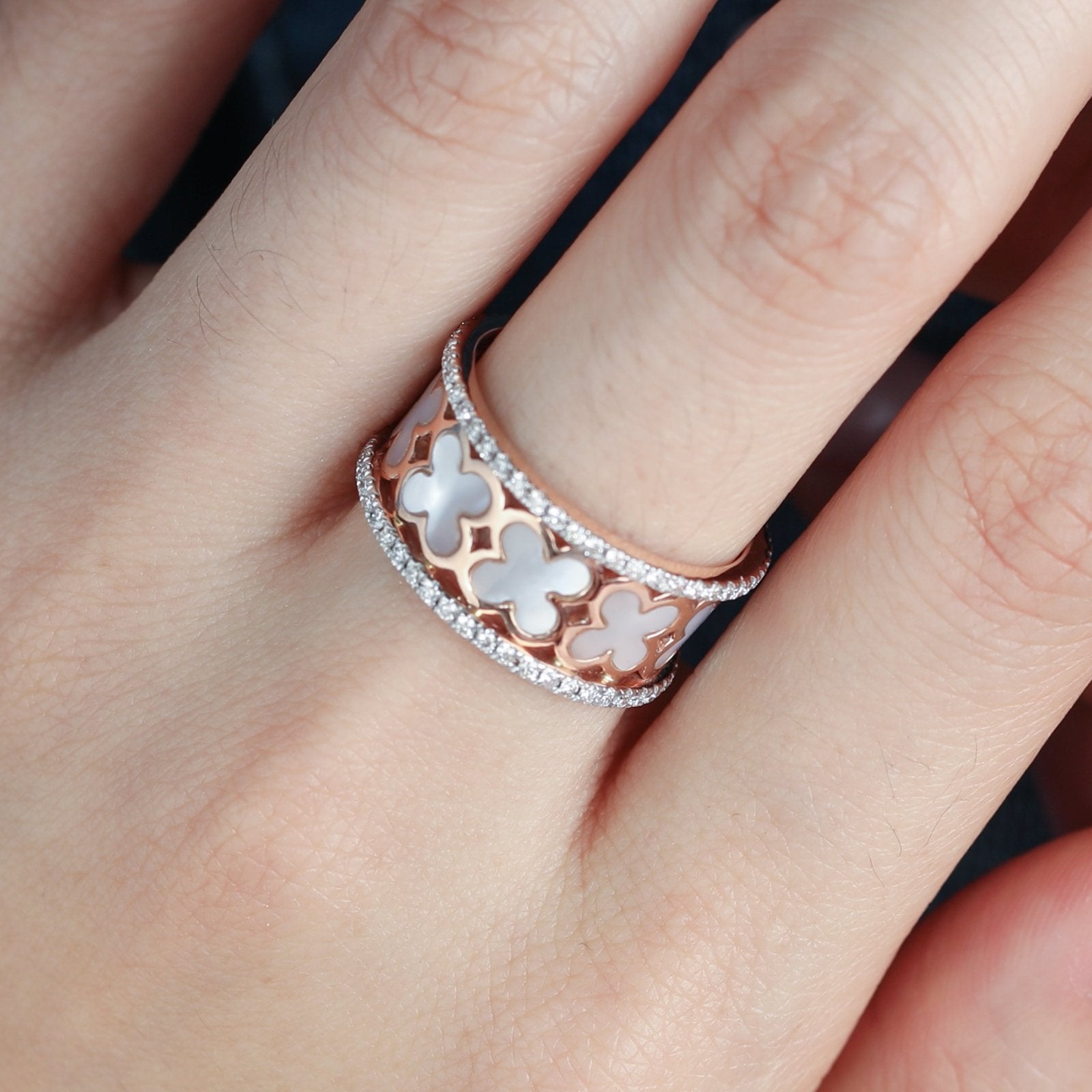 Mother of Pearl Clover Diamond Banded Eternity Ring Rings Estellacollection #product_description# 17209 14k Birthstone Diamond #tag4# #tag5# #tag6# #tag7# #tag8# #tag9# #tag10#