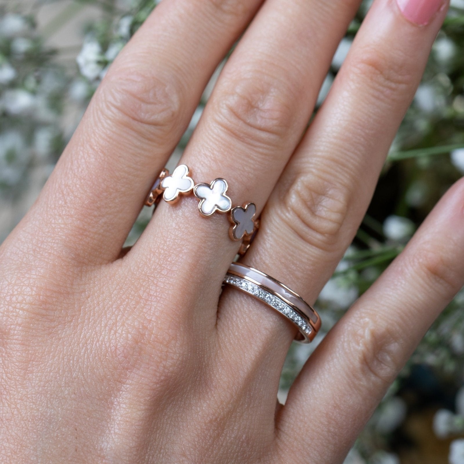 Mother of Pearl Clover Eternity Ring Rings Estellacollection #product_description# 14k Birthstone Gemstone #tag4# #tag5# #tag6# #tag7# #tag8# #tag9# #tag10#