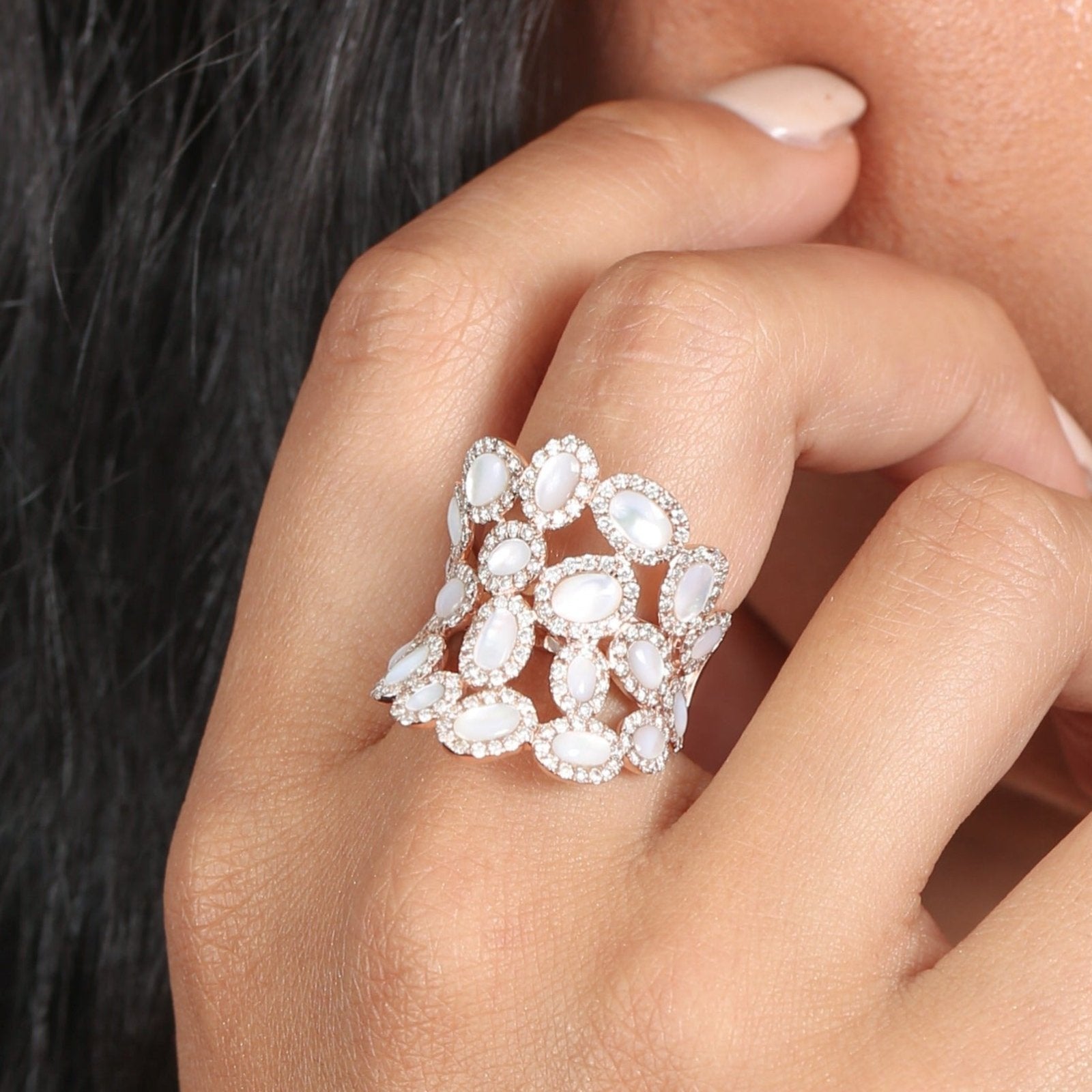 Oval Mother Of Pearl and Diamond Cluster Full Finger Ring Rings Estellacollection #product_description# 17200 14k Birthstone Diamond #tag4# #tag5# #tag6# #tag7# #tag8# #tag9# #tag10# 7