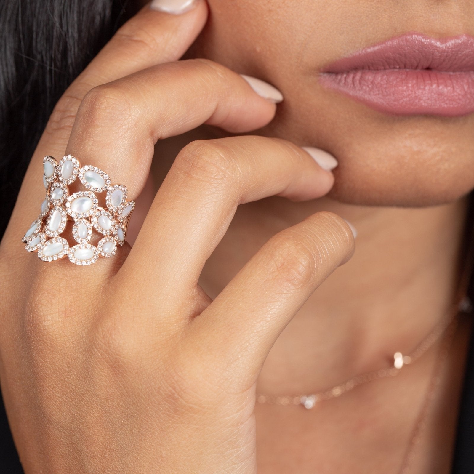 Oval Mother Of Pearl and Diamond Cluster Full Finger Ring Rings Estellacollection #product_description# 17200 14k Birthstone Diamond #tag4# #tag5# #tag6# #tag7# #tag8# #tag9# #tag10# 7